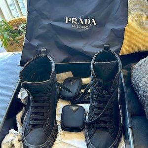 PRADA combat sneakers w ankle pouches made of leather nylon rubber. Take offers